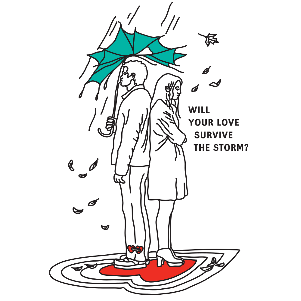 Illustration of two people standing together under a broken umbrella during a storm with the words "Will Your Love Survive the Storm?"
